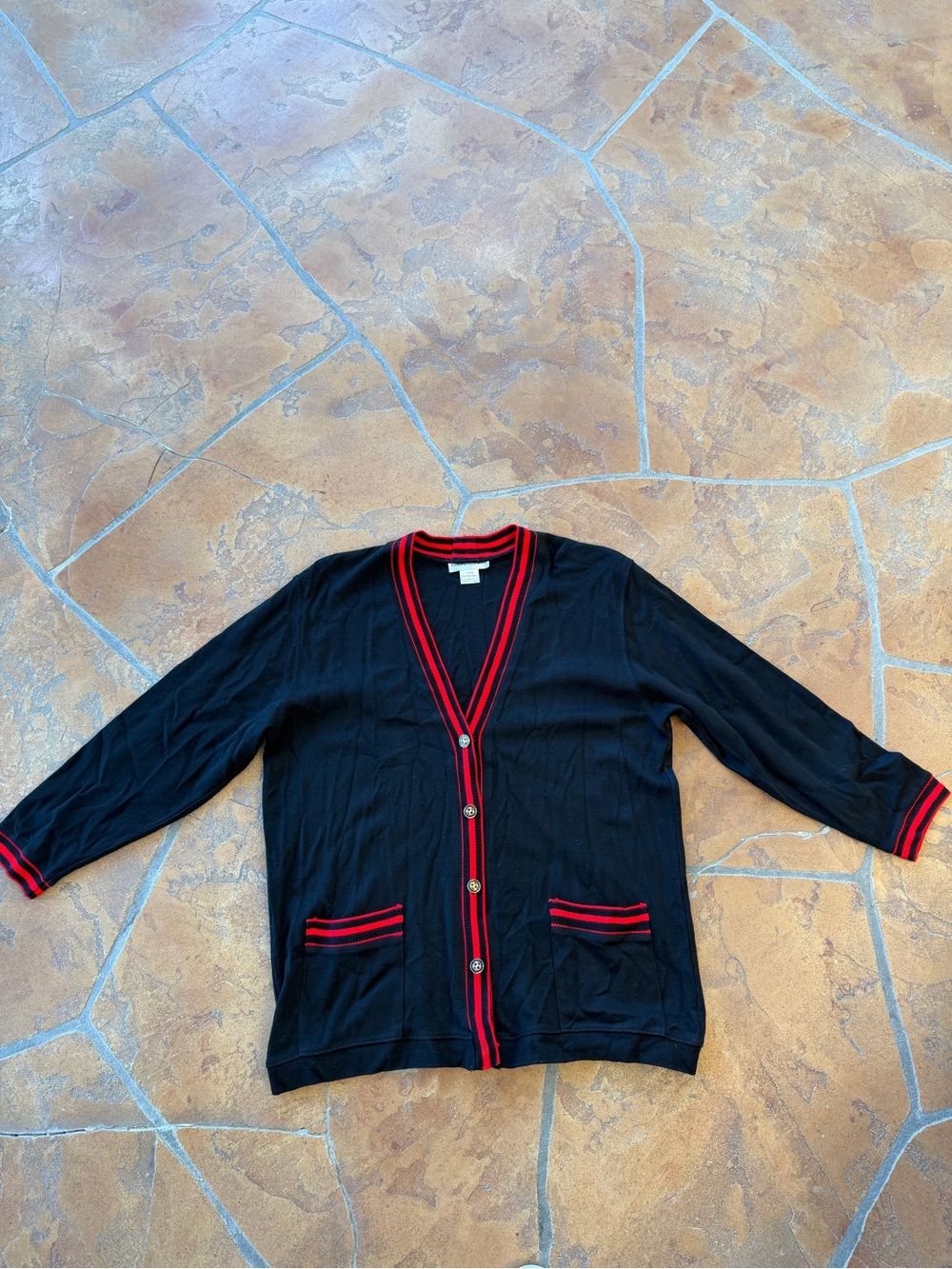 Vintage Cathy Daniels Long sleeve Cardigan Women's L Black and Red Trim